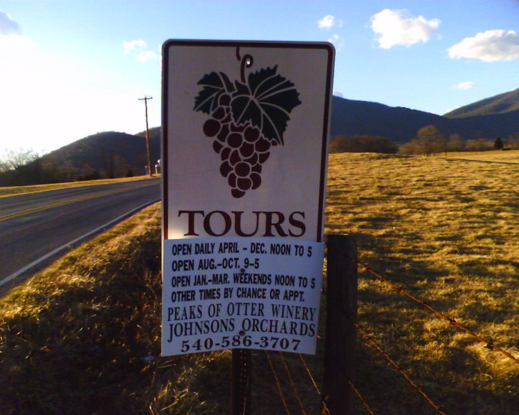Winery Ad
A roadside advertisement for tours for the Peaks of Otter Winery.
